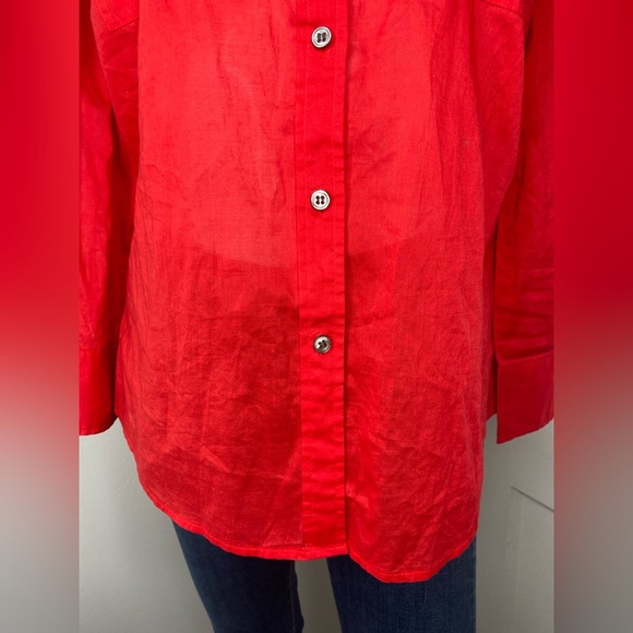 THEORY L Vibrant Sheer Red Button-Up Shirt - Picture 9 of 13